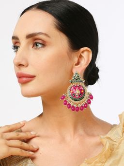 OOMPH - Rani Pink and Green Meenakari Kundan and Beads Peacock Design Large Drop Earrings