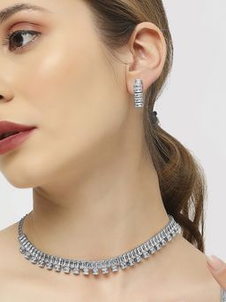OOMPH - White Silver Tone American Diamond Cz Necklace Set with Drop Earrings