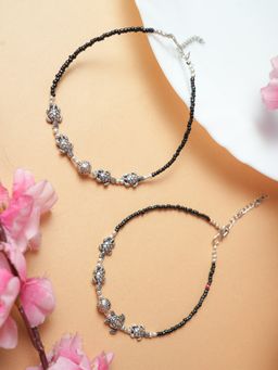 VIRAASI - Silver Tortoise Black Beads Anklets