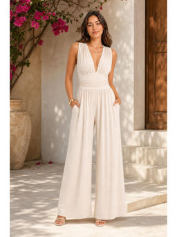 Cider - Beige V-Neck Ruched Solid Wide Leg Jumpsuit