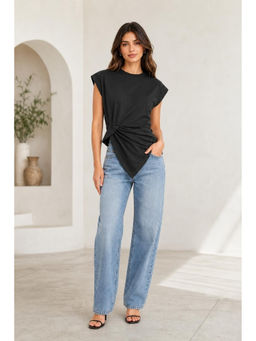 Cider - Black Asymmetrical Hem Short Sleeve Top
