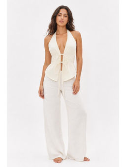 Cider - Beige Halter Neck Knotted Ruched Crop Top