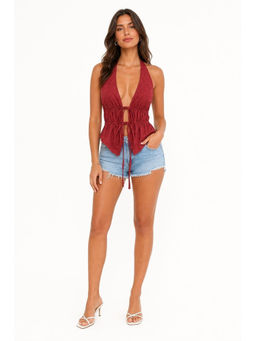 Cider - Wine Halter Neck Knotted Ruched Crop Top