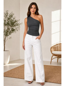 Cider - Grey Jersey Asymmetrical Neck Solid Top