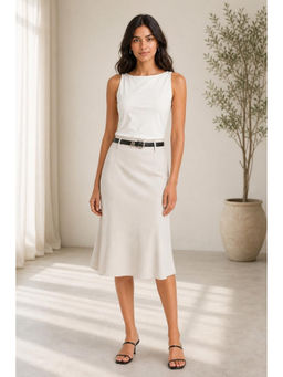 Cider - Beige High Rise Solid Midi Skirt with Belt (Set of 2)