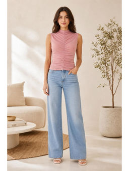 Cider - Pink High Neck Ruched Solid Top