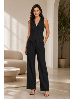 Cider - Black French Riviera Vacation Linen Blend V-Neck Solid Button Waist Coat