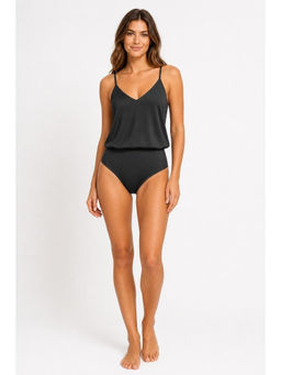 Cider - Black Satin Shoulder Strap Neck Solid Bodysuit