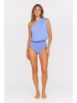 Cider - Blue Satin Asymmetrical Neck Solid Bodysuit