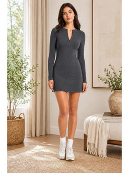 Cider - Grey Round Neck Solid Zipper Mini Dress