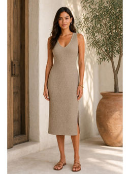Cider - Khaki Texture V Neckline Split Maxi Dress