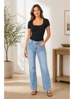 Cider - Black Contour Double Layered Round Neck Solid Short Sleeve Top