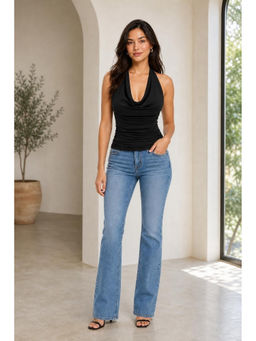 Cider - Black Solid Ruched Halter Top