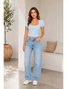 Cider - Baby Blue Square Neck Solid Short Sleeve Crop Top