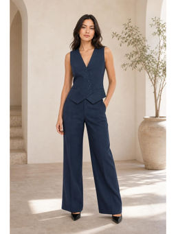 Cider - Navy Blue French Riviera Vacation Linen Blend V-Neck Solid Button Waist Coat Jacket