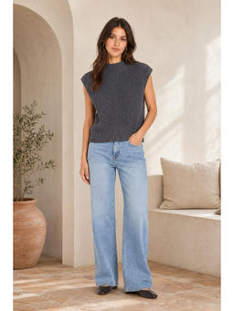 Cider - Grey Self Design High Neck Knit Vest Sweater