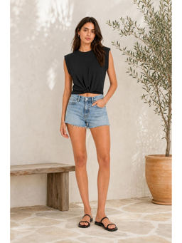 Cider - Black Solid Round Neckline Twist Short Sleeve Crop Top