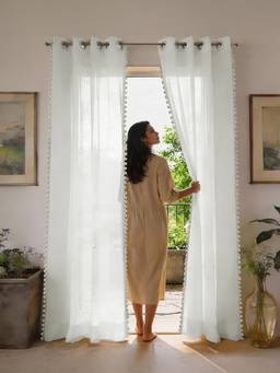 Urban Space - Sheer Curtain for Window Eyelets & Tieback-White with Pom Pom (Set of 2)