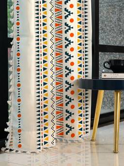 Urban Space - Cotton Window Curtains with Eyelets & Tieback 1 Piece Ikat Orange