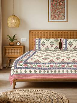 Urban Space - Rajasthani Floral Pure Cotton King Bedsheet with 2 Pillow Covers - Amber Pink