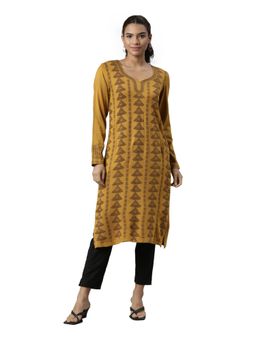 NEERU'S - Mustard Regular Woven Print Knee Length Winter Kurta