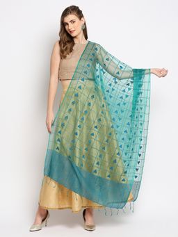 Dupatta Bazaar - Womens Rama Green Checkered Woven Organza Dupatta