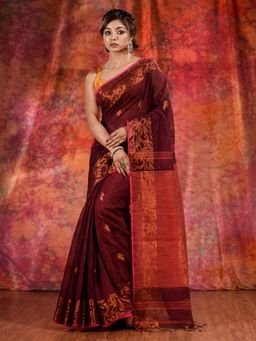 CHARUKRITI - Maroon Cotton Handspun Handwoven Saree with Zari Border and Unstitched Blouse