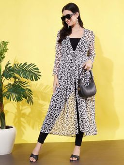 ANVI Be Yourself - Women Animal Printed White Chiffon Longline Tie-Up Shrug
