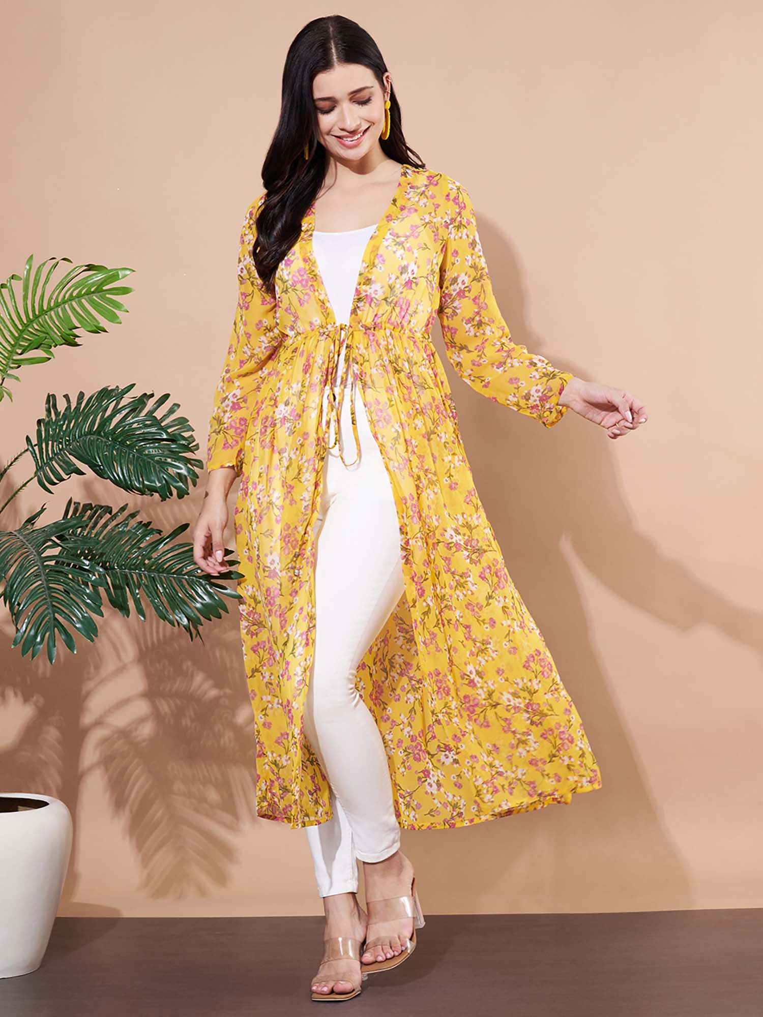 Women Floral Printed Yellow Georgette Longline Tie-Up Shrug-picture-17
