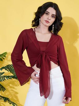ANVI Be Yourself - Women Solid Maroon Georgette Crop Length Tie-Up Shrug
