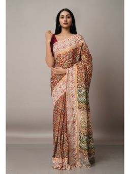 Unnati Silks - Multi Pure Kalamkari Block Printed Silk Saree with Unstitched Blouse
