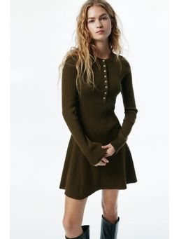 H&M - Women Green Rib-knit flared-skirt dress