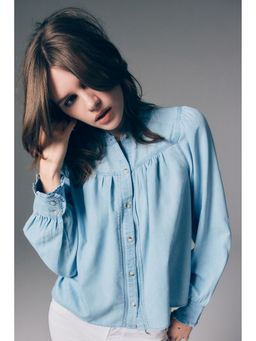 H&M - Women Blue Frill-trimmed denim blouse