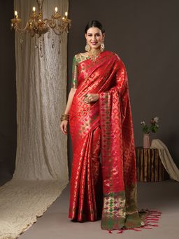 Akhilam - Womens Silk Blend Red Woven Design Designer Saree with Unstitched Blouse