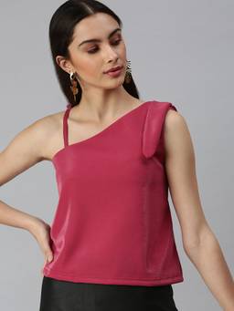 SHOWOFFFF - Women One Shoulder Sleeveless Solid Pink Top