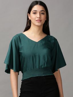 SHOWOFF - Womens Short Sleeves V-Neck Green Solid Top