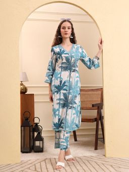 Yufta - Blue Printed Straight Pant kurta (Set of 2)
