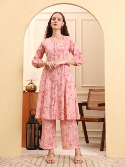 Yufta - Pink Floral Print Pant kurta Design Show Botton And Piping (Set of 2)