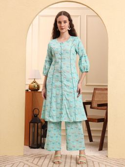 Yufta - Sea Green Floral Print Pant kurta Design Show Botton And Piping (Set of 2)