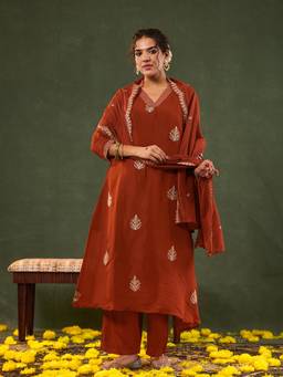 Yufta - Rust mul chanderi kurta Pant (Set of 3)