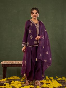 Yufta - Purple Embroidered Straight Silk Blend Long Sleeves Kurti Palazzo Dupatta (Set of 3)