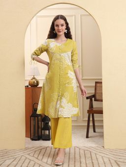 Yufta - Lime green pure cotton a line kurta (Set of 2)