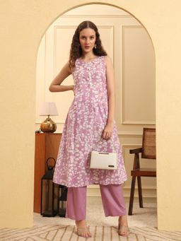 Yufta - Pink cotton flared kurta and Pant (Set of 2)