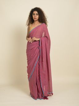 Suta - Yellow and Blue Stripes On Pink Cotton Saree
