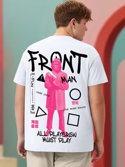 Bewakoof - Official Squid Game Men's White Front Man Graphic Printed Oversized Plus Size T-shirt