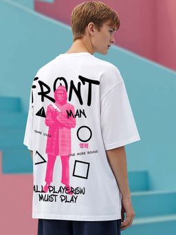 Bewakoof - Official Squid Game Merchandise Men's White Front Man Graphic Printed Oversized T-shirt