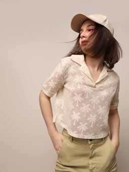 ONLY - Beige Self Design T-Shirt