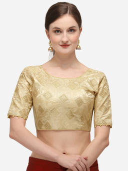 Amrutam Fab - Womens Jacquard Beige Stiched Blouse With Round Neck