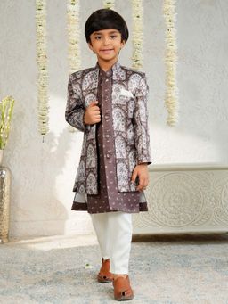 AJ Dezines - Boys Brown Jacquard Rich Floral Printed Sherwani Set
