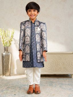 AJ Dezines - Boys Navy Blue Jacquard Rich Floral Printed Sherwani Set